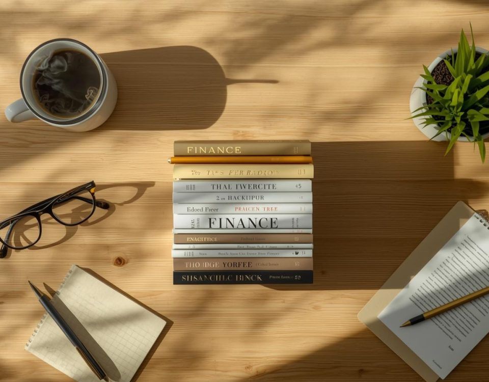 10 carti educatie financiara asezate pe o masa